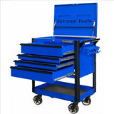 EX Tool Cart Series 33in W x 23in D 4-Drawer Deluxe Tool Cart with Bumpers, Black with Blue Quick Release Drawer Pulls